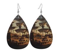 Fantasy pirate ship Leather Earrings for Women Teardrop Earrings Lightweight Dangle Drop Earrings Cute Jewelry Gift
