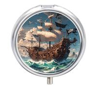 Fantasy Pirate Ship Pill Box 3 Compartment Small Pill Case with Mirror for Purse & Pocket Travel Medicine Organizer Daily Medication Container Portable Pillbox Metal Medicine Box Round Meds Case
