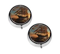 Fantasy Pirate Ship Print Pill Box 3 Compartment Medicine Pill Case,Portable for Pocket Or Purse Pill Organizer Decorative Metal Medicine Vitamin Organizer Unique Gift