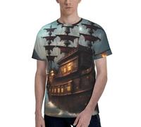 Fantasy Pirate Ship Print Short Sleeve Crew Neck T-Shirt Fashionable Casual Summer Comfortable Everyday Use Black