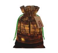 (fantasy pirate ship) Printed Christmas S Size Gift Bags with Green Ribbon Drawstring Candy Bags for Kids Xmas Holiday Christmas Eve Presents