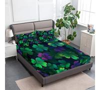 Fantasy Plant Clover Printed Fitted SheetSuper King, Soft Microfiber Fitted Bed Sheets Shrinkage Fade Resistant Bedding with 2 Pillowcases, Deep Pocket 30cm Fitted Sheet for Single Double King, Green