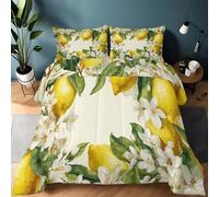 Fantasy Plants Lemons Coverless Duvet Single 135x200 cm Size,Yellow And White Supersoft Cosy Lightweight Quilt, All in One Reversible Comforter, Quilted Duvet for Bedspreads Throw