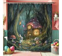Fantasy Rabbit Shower Curtain, Colorful Mushroom Fairy Tale Shower Curtain for Bathroom Decor, Autumn Winter Enchanted Style Waterproof Fabric Shower Curtain Set with Hooks 72x72 Inch