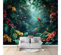 Fantasy Rainforest Forest Theme Photo Wallpaper - 400 x 280 cm Non-Woven Premium Fleece Wall Mural - Exotic Flowers and Parrots Art Print Bedroom Living Room Decoration Poster