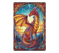 Fantasy Red Dragon Tin Metal Signs Game Art Color Stained Glass Wall Art Decorations for Bar Pub Club Cafe Room Farmhouse Home Decor 12x16 Inch