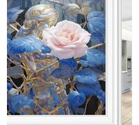 Fantasy Rose Stained Glass Window Film Blue Leaves Pink Flowers Privacy Window Film Glass Door Covering Non-Adhesive Window Stickers for Bathroom Kitchen 45 x 60 cm
