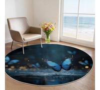 Fantasy Round Rug 100 cm, Blue Butterfly Secret Forest Machine Washable Area Rug, Non-Slip Thin Low-Pile Carpet for Bedroom Living Room Zen-Inspired Space