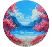 Fantasy Round Rug 120cm, Navy Blue Washable Kitchen Rug Non-Slip Soft Bathroom Rugs, Ocean Mountains Flowers Rugs Print Faux Wool Doormat for Bedside Entrance Bedroom Sink