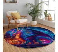 Fantasy Round Washable Rugs 60cm, Vibrant Colors Neon Lights And A Large Dragon Rug for Bedroom, Washable Non-Slip Soft Living Room Circle Rug, Dark Blue Carpet for Laundry Kids Room Hallway