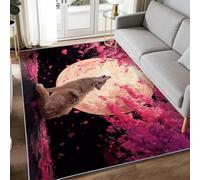 Fantasy Rugs Living Room Hot Pink - Washable Area Rug 140 x 200 cm Non Slip Animals Wolf Moon Cherry blossom Large Carpet Dining Room Bedroom Kitchen Hall Lounge Office Low Pile Soft Carpets