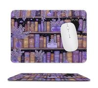 Fantasy Rustic Bookshelf Non-Slip Base Mousepad,Cute Colorful Library Japanese Anime Black Cat Floral Lavender Stitched Edges for Decoration,Most Types of Mouse 11.8"x9.8"