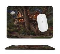 Fantasy Rustic Treehouse Stitched Edge Mouse Pad,Vintage Watercolor Fairy Tale Forest Treehouse Full Moon Soft Mousepad with Non-Slip for Office,Home 11.8"x9.8"