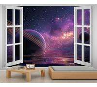 Fantasy Saturn Ring Planet Galaxy Mural Space Nature Landscape Wallpaper Dreamy Starry Sky Wallpaper Murals Purple Nebula Reflected in Water Bedroom Office Living Room Bedroom Mural 250X175cm