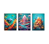 Fantasy SeaWorld 3 Panel Canvas Wall Art. simpa Multi One Size