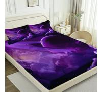 Fantasy Space Starry Sky Print Fitted Sheets, Soft Breathable Microfiber Anti-slip Purple Black Fitted Sheets, 71" x 79" Bedding Set for Children Adults Single Double King Size Bed