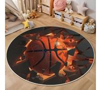 Fantasy Sports Round Area Rug for Indoor 120cm, Basketball Breaking Through The Wall Printed Washable Rug, Non-Slip Foldable Orange Color Circle Carpet, for Bedside Living Room Dining Room Floor Mat