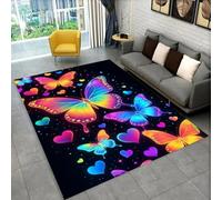 Fantasy Starlight Butterfly Neon Colourful Carpet for Girl Teen Bedroom Soft Bedside Rug Non-slip Rug for Living Room Purple Black Butterfly Home Décor Carpet Non-slip Bath Mat, 100x120 cm, Color 2