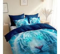Fantasy Style Animal Tiger Duvet Cover Double 200 x 200 cm, with 2 Pillowcases, Ocean Blue Ultrasoft Hypoallergenic Quilt Easy Care, Washable - Reversible Design For All Seasons
