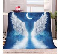 Fantasy Style Blue Angel Wings Moon Throw Blanket Blue Super Soft Flannel Fleece Blanket Fluffy Warm Throw Sofa Bed Blanket Bedspread Over Bed Settee 130x150 cm