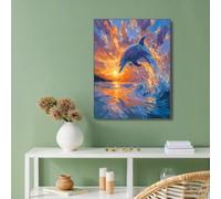 Fantasy Style Canvas Wall Art for Living Room Yellow Orange Sunset Modern Bedroom Decor Aesthetic Impressionism Dolphins Waves Canvas Painting Wall Decorations for Office Dining Room 30x40 cm Unframed