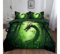 Fantasy Style Dense Forest Animal Dragon Reversible Duvet Cover 3Pieces Single Size, Army Green Print Soft Polycotton Bedding Sets 135x200 cm with 2 Pillowcases for Kids Boys Girls Teens, Easy Care