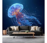 Fantasy Style Glowing Jellyfish Wallpaper Bedroom Kids Boys 3D Wallpaper Mural, Dark Blue Kids Teens Room Poster Photo Wall Mural Themed Room Playroom 400 x 280 cm