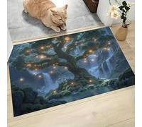 Fantasy Style Indoor Doormat, Wishing Tree In The Magic Forest Non-Slip Absorbent Machine Washable Resist Dirt Entrance Area Rug, Dark Green for Inside Entrance Front Back Door Garden, 80 x 120 cm