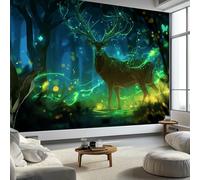 Fantasy Style Magic Forest Light Shadow Deer Non-Woven Wallpaper 450 x 315 cm Bedroom Wall Mural, Green Photo Wallpaper Poster Wall Covering - Children’s Room Home Restaurant Living Room Hallway