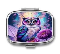 Fantasy-Style Owl Pill Box 2-Compartment Portable Pill Case Square Metal Medication Organizer Small Weekly Medication Case with Mirror Stylish Vitamin Holder for Purse Pocket Travel