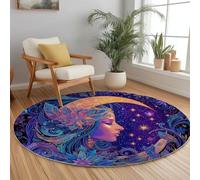 Fantasy Style Round Area Rugs 160 cm Moon Goddess Stars Fluffy Circle Area Rug, Crawling Play Circle Carpet Mat for Bedroom Living Room Kitchen Anti-Skid Floormat