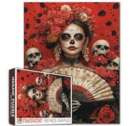 Fantasy Sugar Skull Woman Holding Fan 1000 Piece Jigsaw Puzzle for Adults Students Roses and Skulls Day of The Dead Art Puzzles 20X27 Inches Full Body Portrait Red Floral Background Jigsaws