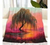 Fantasy Sunset Willow Tree Fleece Bed Blanket 130 x 150 cm Soft Cosy Bed Throw Plush, Orange Color Oil Painting Cozy Fuzzy Blankets Comforter Bedroom Travel for Gift Kids Teens & Adults