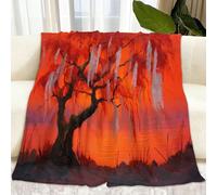 Fantasy Sunset Willow Tree Fleece Bed Blanket 220 x 240 cm Soft Cosy Bed Throw Plush, Orange Color Oil Painting Cozy Fuzzy Blankets Comforter Bedroom Travel for Gift Kids Teens & Adults