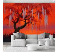 Fantasy Sunset Willow Tree Panorama Photo Wallpaper 400 x 280 cm Non-Woven Art Wall Mural, Oil Painting Wall Mural for Master Bedroom Lounge Tv Sofa Background Photo Wallpaper