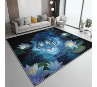 Fantasy Tiger Lily print Rugs Living Room 60x90 cm - Dark Blue Washable Small Rug Short Pile Non-Slip Carpet Soft Durable Easy Clean Carpet, for Dining Room Home Office