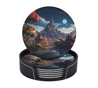 Fantasy Town Coasters for Drinks Set of 6 Leather Drink Coasters with Holder Heat Resistant Bar Coasters Round Cup Mat Pad Cute Cup Coaster for Hot Cold Drink Kinds of Cups