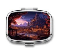 Fantasy Town Pill Box Medicine Pill Organizer Small Pill Case Travel Pill Container Portable Pill Case for Pocket 2 Compartment Pill Holder Pill Boxes for Travel