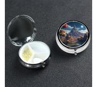 Fantasy Town Pill Box with Mirror 3 Compartment Decorative Pill Case for Purse or Pocket Small Round Pill Organizer Weekly Metal Medicine Tablet Vitamin Holder Travel Gift