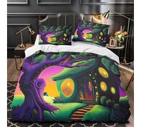 Fantasy tree house 3D Print Duvet Cover Set 3pcs Ultra-Soft Microfibre Skin-Friendly Magical forest scene Quilt Cover 2 Pillow Shams Zippered Closure Machine Washable Kids Teens Room King（220x240cm）