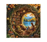 Fantasy Treehouse Library 1000 Piece Jigsaw Puzzle for Adults, Colorful Autumn Forest Scenery Jigsaw Puzzle, Lake Books Plant Art Puzzles