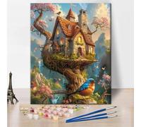 Fantasy Treehouse Paint by Numbers for Adults, Birds Adult Paint by Number on Canvas, Forest Acrylic Painting Kits for Gift Home Wall Decor 16"x20"(Frameless)