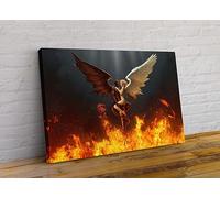 FANTASY Ultimate Sin Devil and Angel Wings Embrace Fire Framed Canvas Wall Art Picture Print Home Living Room Dining Room Decor (30x20 inch)