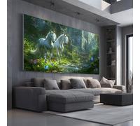 Fantasy Unicorn Extra Large Wall Decor Mythical Forest Canvas Modern Canvas Prints Enchanted Creatures Abstract Painting for Kitchen Office Restaurant, Framed 60x120 cm