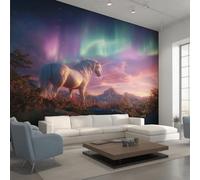 Fantasy Unicorn Photo Wallpaper, White Horse Aurora Wallpaper Mural, 400x280cm Wall Paper for Bedroom Living Room, Non-Woven Wall Mural Room Decor EL&D63