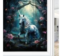 Fantasy Unicorn Window Privacy Film Abstract Floral Forest Nature Animal Stained Glass Window Film Sun Blocking Heat Control Decorative Window Covering Film for Home Office 90 x 160 cm