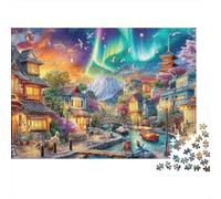 Fantasy Village 1000 Piece Jigsaw Puzzle for Adults Japanese Town Aurora Borealis Mount Fuji Challenging Hard Difficult Premium Thick Sturdy Vibrant Stress Relief 52x38cm/1000pcs