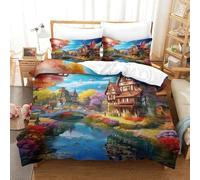 Fantasy Village 3D Printed Duvet Cover Set,Colorful Landscape Bedding Bed Sets Soft Microfiber Quilt Cover 3pcs, Comforter Cover with Zipper Closure for Girls Boys Bedroom Super King（260x220cm）