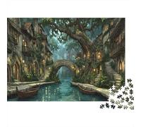 Fantasy Village Canal 1000-Piece Jigsaw Puzzle Mystical Green Landscape Art- Classic Educational Game for Adults 52x38cm/1000pcs