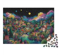 Fantasy Village Landscape 1000Pc Recycled Paper Puzzle: Colorful Forest Under Moonlit Sky for Adults 14-99 Years Home Decor & Gift 38x26cm/1000pcs